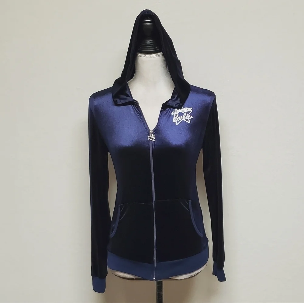 Rare Retro Barbie Loves Splash Silver Superstar Barbie Dark Indigo Velvet Hoodie - Picture 4 of 15